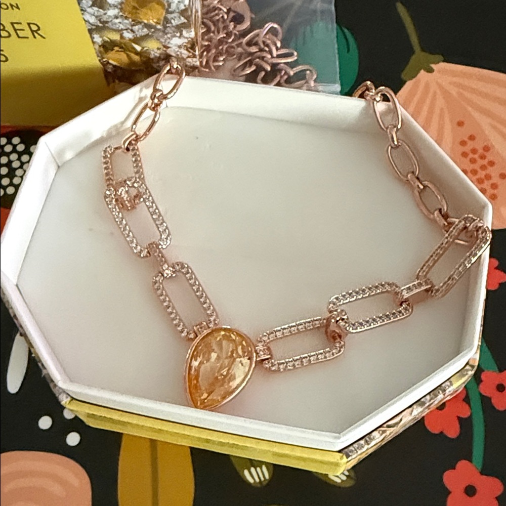 Rose Gold Link Necklace with Champagne Teardrop Pendant by